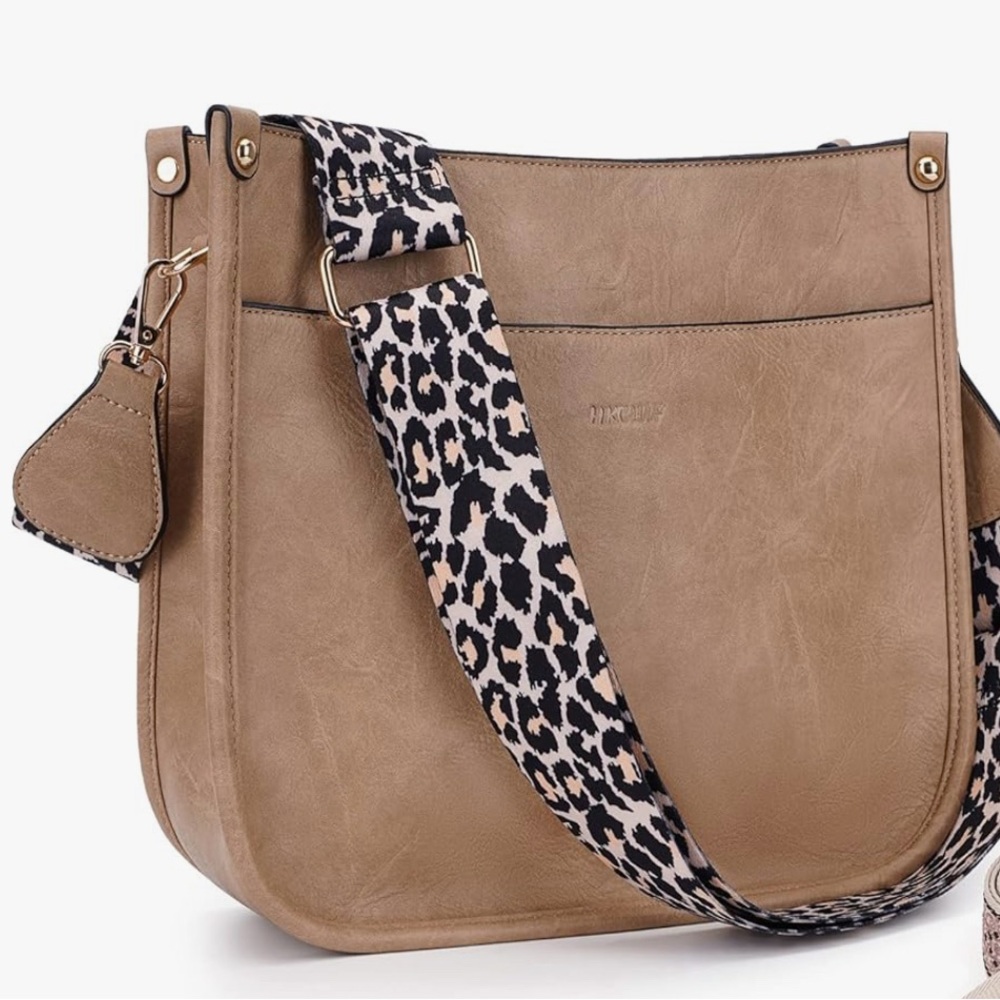 Stylish Tan Shoulder Bag with Guitar style Leopard Strap